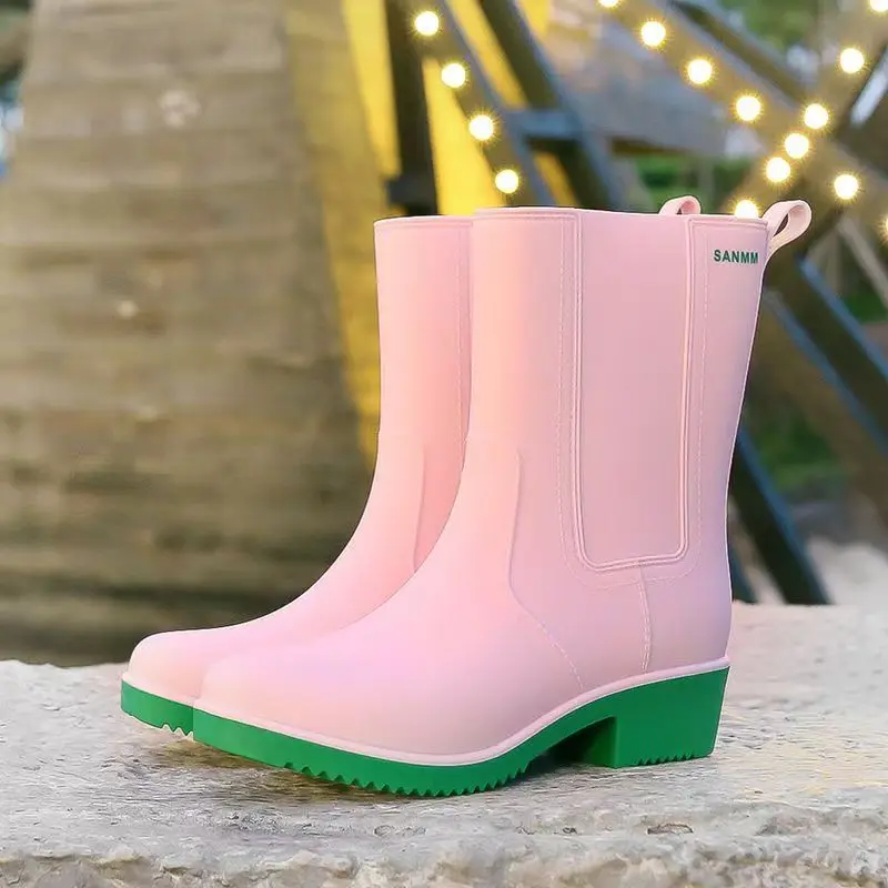 Women's New Block Heel High Top Rain Boots Thick Sole Non Slip Waterproof Kitchen Work Shoes Fashionable Mixed Color Water Shoes