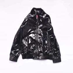 Man Boy's Chic Long Sleeve Metallic Black Jacket Coat Rainproof Jogger Out Door Stage Show Heap Dance 8XL size