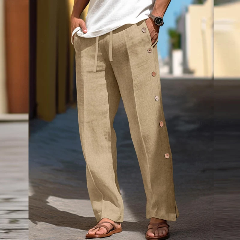 

2024 Summer Men's Casual Pants Beach Leisure Breathable Loose Solid Color Trousers For Men Fashion Side Buttoned Straight Pants