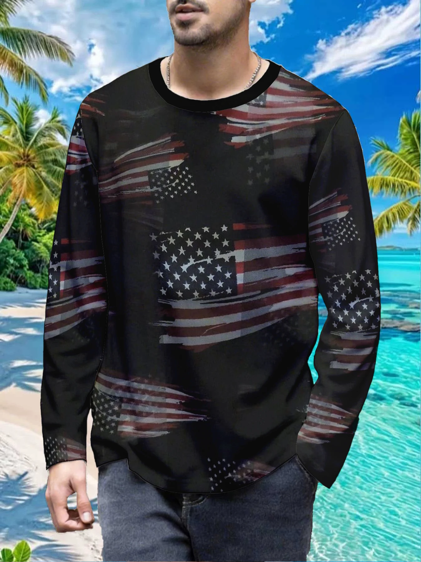 Independence Day July 4th Flag Mens Polyester Long Sleeve T Shirt Distressed American Flag Print Graphic Tee Casual Streetwear S