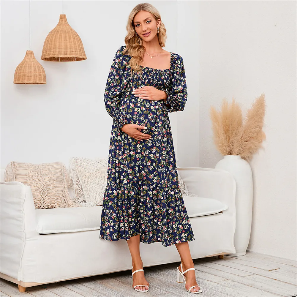 

Spring Floral Print Maternity Dresses Photoshoot Casual Pregnancy Clothing Long Sleeve Chiffon Pregnant Dress For Womens Clothes