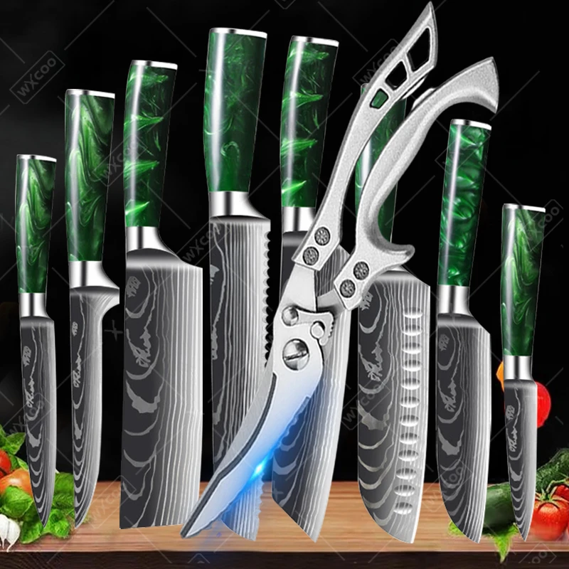 Japanese Kitchen Knife Scissor Set with Laser Damascus Pattern Santoku Knife Cooking Chef Knife 7CR17 Steel Burcher Knife