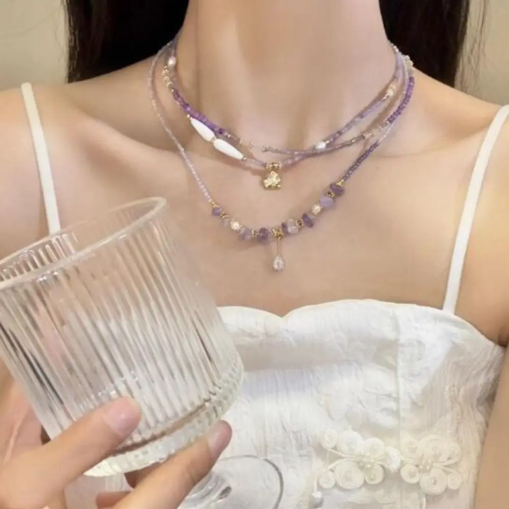 

Chinese-style Popular Pearl Necklace Sweet Charm Handmade Amethyst Pendant Layered Chain Adjustable Dopamine Beads Necklace