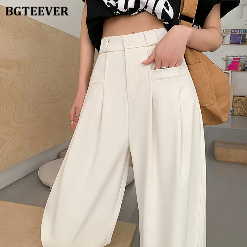 BGTEEVER Summer Loose Pockets Female Wide Leg Trousers High Waist Ice Tough Ladies Pants Casual Women Long Pants