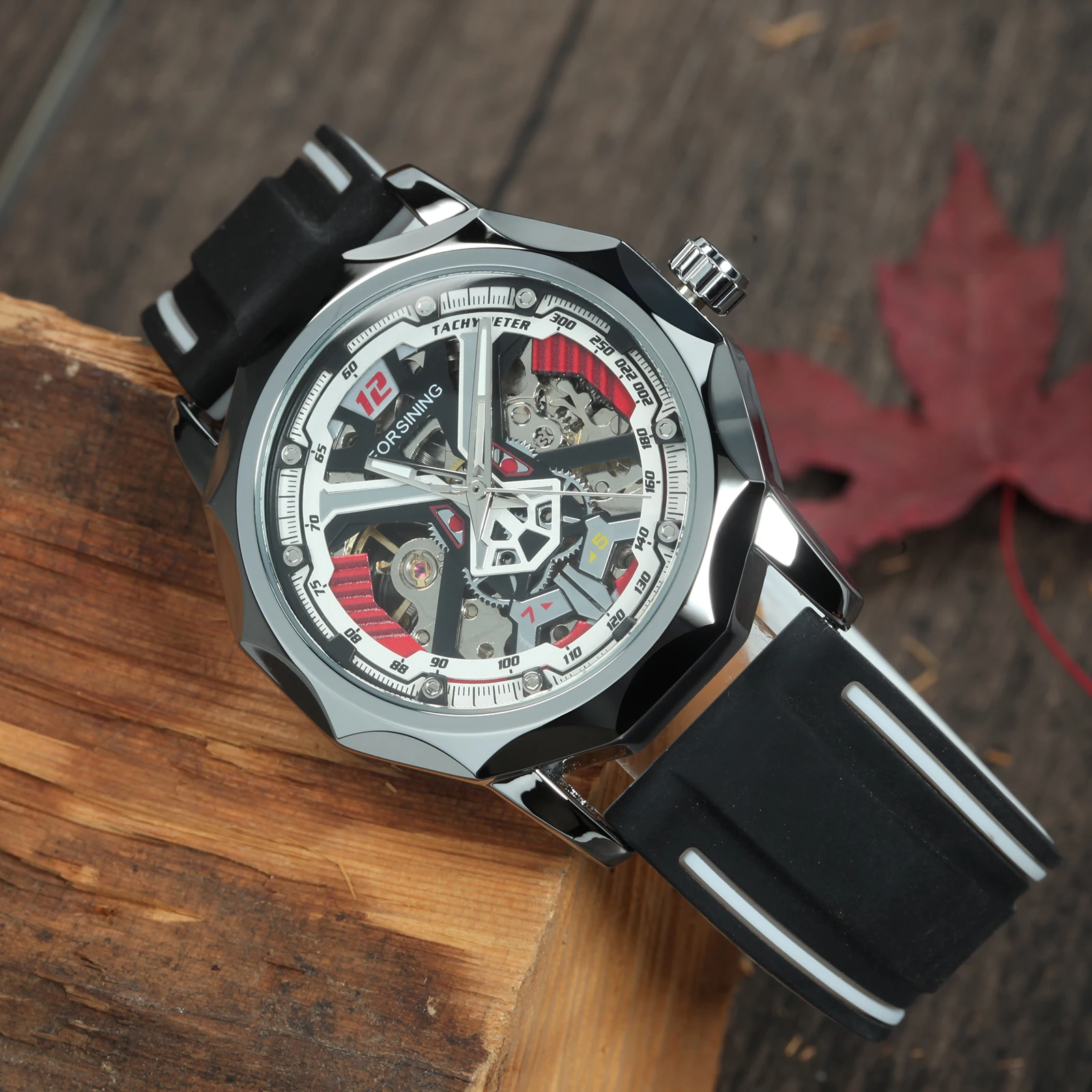 Forsining Fashion Gold Skeleton Mechanical Watches for Men Luminous Hands Casual Black Red Rubber Strap Irregular Sports Watch