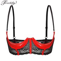 Womens Patent Leather Bra Tops See Through Sheer Lace Adjustable Straps 1/3 Cups Push Up Underwire Bralette Underwear Lingerie