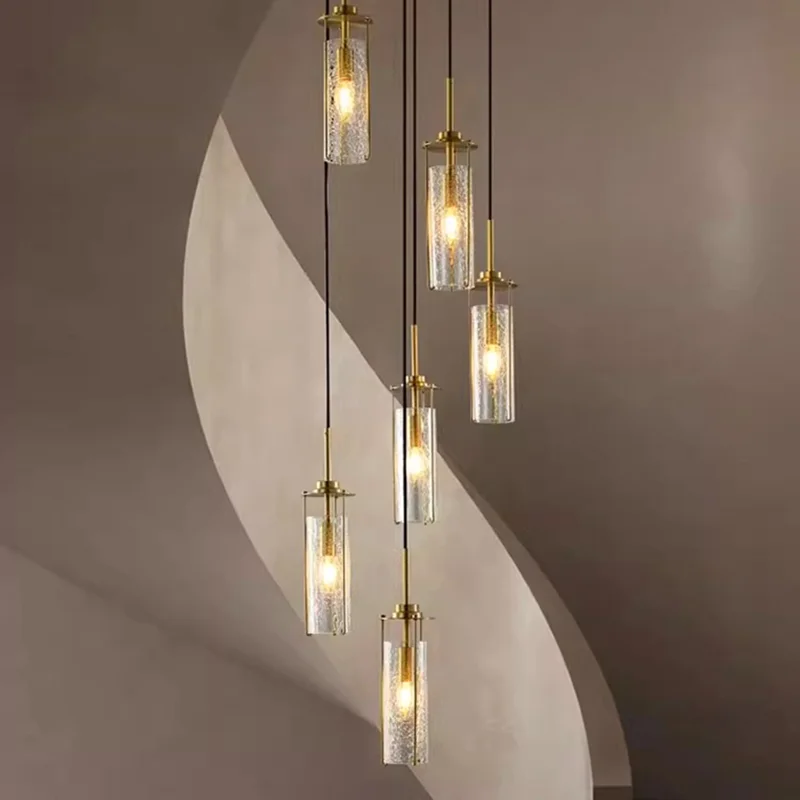 Nordic long strip Cracked Glass LED Chandelier Lighting  lustre Luxury Living Room Staircase Brass Wire Ceiling Decoration