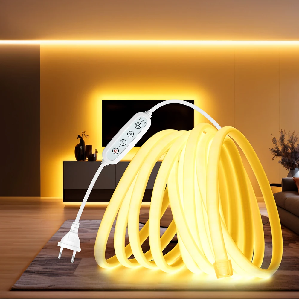 Dimmable 220V COB Neon LED Flex Strip Light Power Kit with 4 Key Dimmer Switch Silicone Tube Lamp 5m 10m 20m 30m 0.5m 3000K