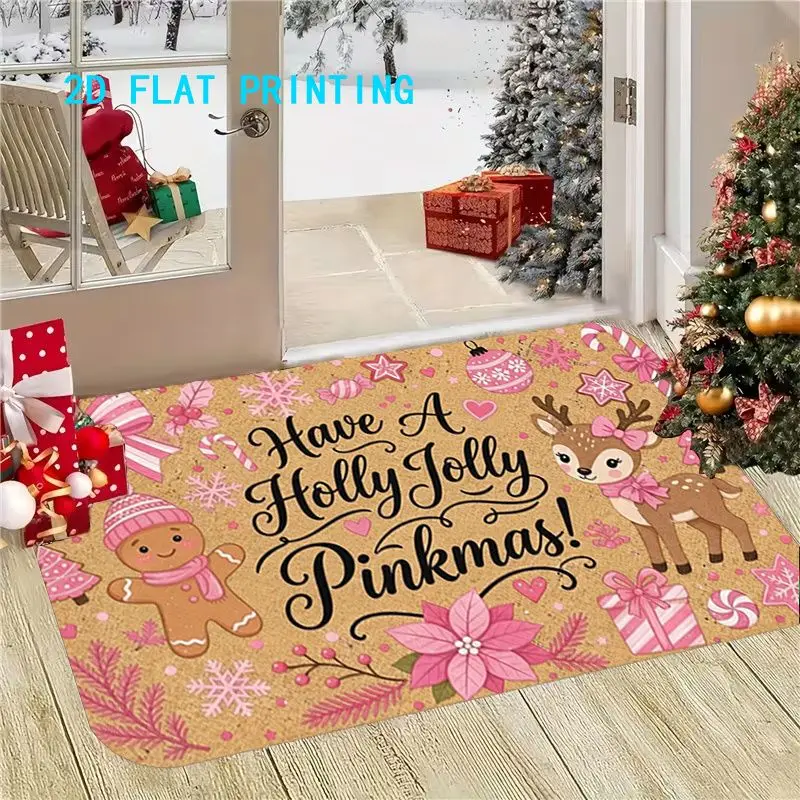 VIKAMA Pinkmas Welcome Doormat Holly Jolly Pink Reindeer Gingerbread Non Slip Entry Floor Mat Winter Holiday Decor Washable Rug