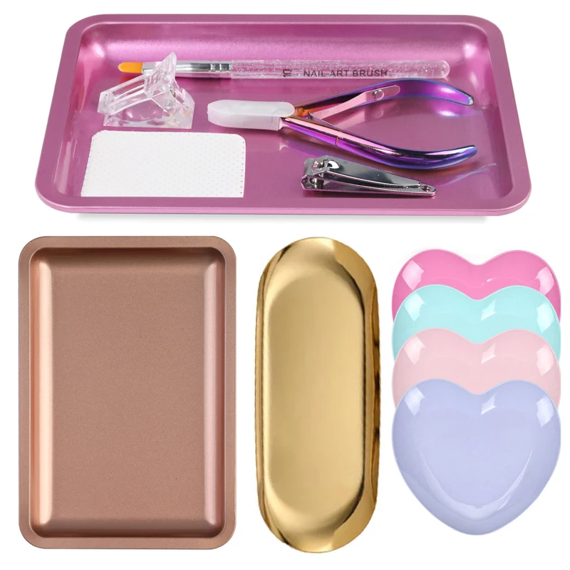 Square Oval Stainless Steel Cosmetic Storage Tray Nail Art Manicure Plate Tweezers Clippers Pen Container False Nails Dish Tools