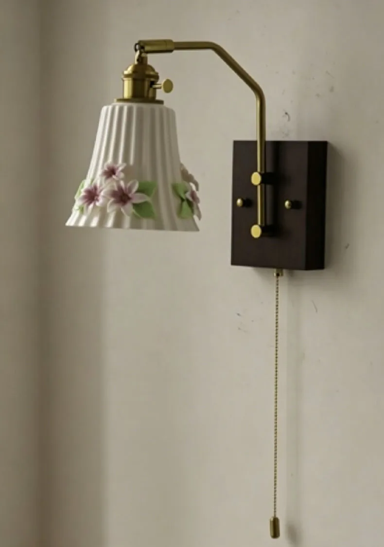 White Ceramic Wall Light Flower Wood Base Switch E27 Bulb