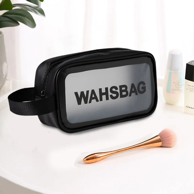 حقيبة تواليت سوداء PVC ذات سعة كبيرة للسفر محمولة شفافة غير لامعة مقاومة للماء حقيبة تخزين المرحاض حقيبة مستحضرات التجميل