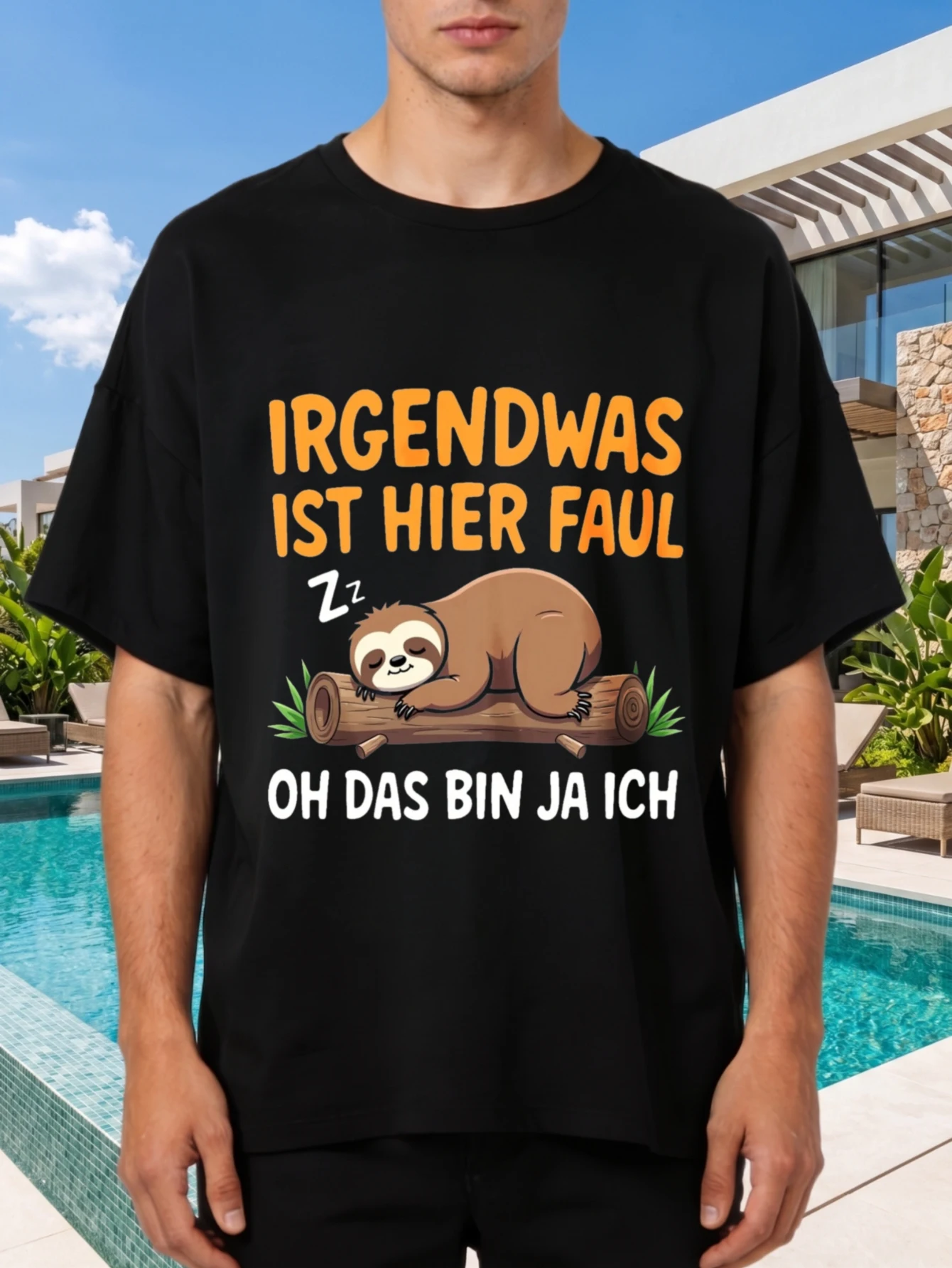 1 Stück 100% Baumwolle Unisex T-Shirt mit lustigem deutschem Text „Faultier schläft auf einem Baumstamm“, O-Ausschnitt, kurze Ärmel, Print, Übergröße, bequeme Freizeitkleidung, maschinenwaschbar.