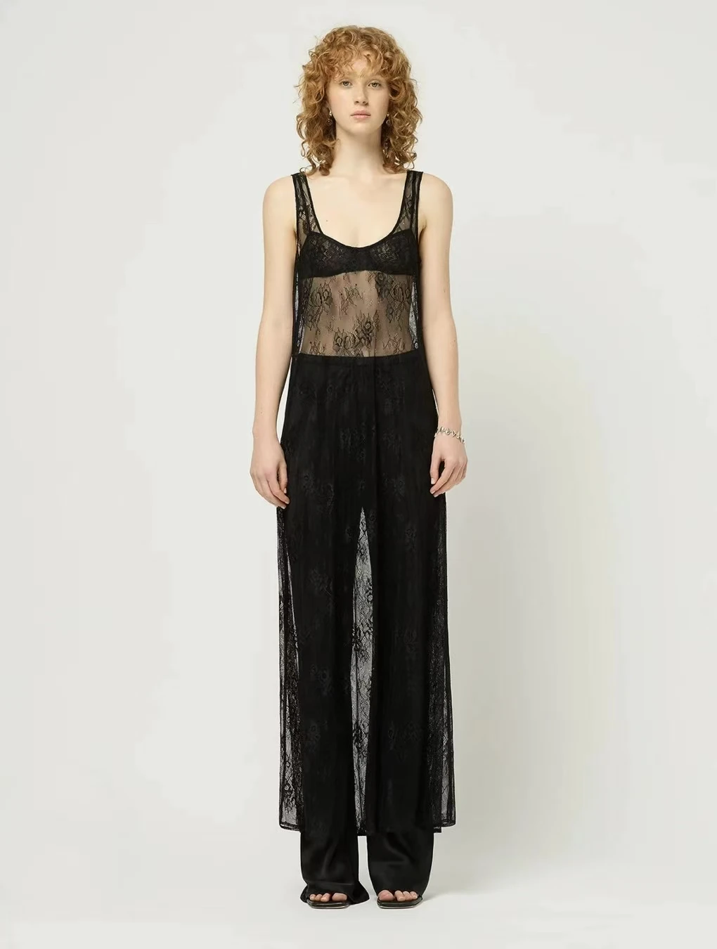 

Sexy See-tough Lace Dr Me Cover up Long A-line Skirt Mid-waist Svel Gown Pure Color Summer Women's Faion