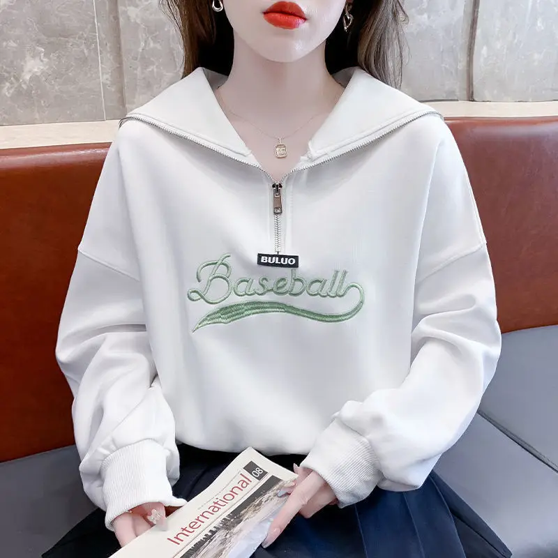 Fashion Sailor Collar Zipper Embroidery Sweatshirts Female Clothing 2023 Autumn New Loose Casual Tops Letter Korean Sweatshirts