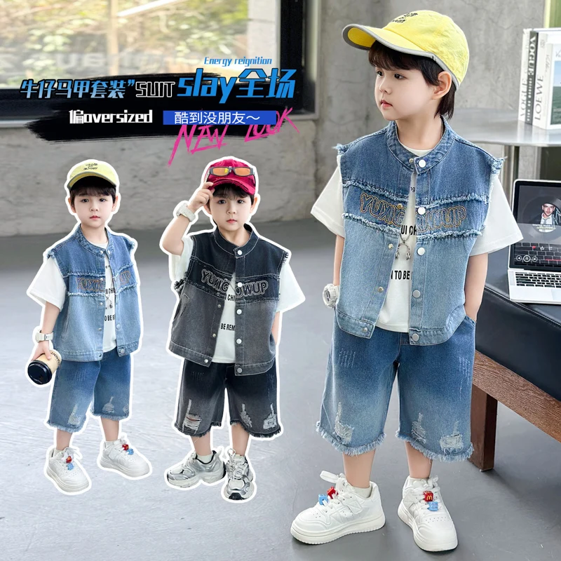 

High Quality 3-Piece Summer Outfit Set for Baby Boys Size 2-11Y Casual Fashion Clothing with Vest Shirt Shorts Jeans for Studen