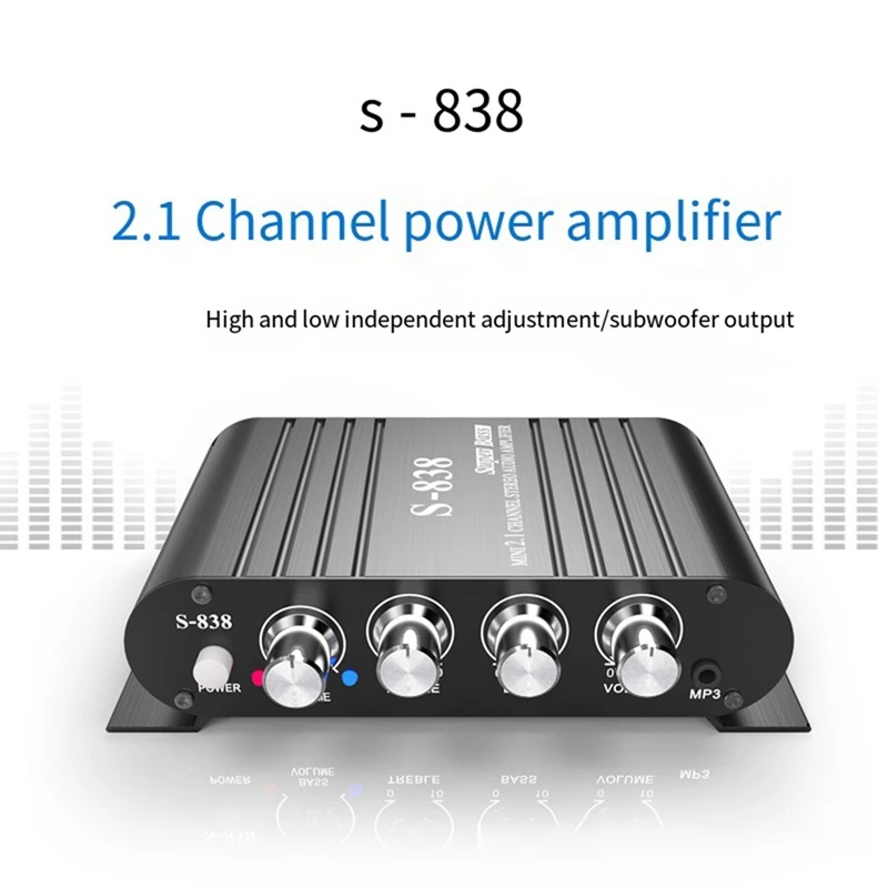 Auto-Partner S-838 Amplificador de potencia de audio 2.1CH, amplificador de audio digital estéreo RMS 30WX2+40WX1 Clase D con salida de subwoofer