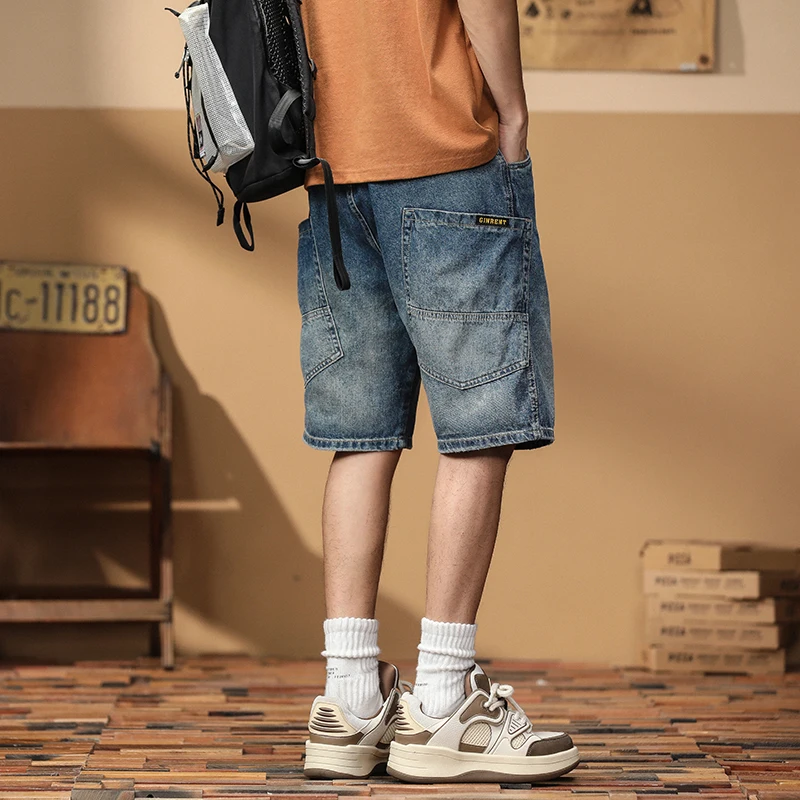 

American Casual Retro Multi-ket Workwear Denim orts Men Summer Thin Loose Trendy Five-Quarter Mid-Pants Straight Leg Jeans