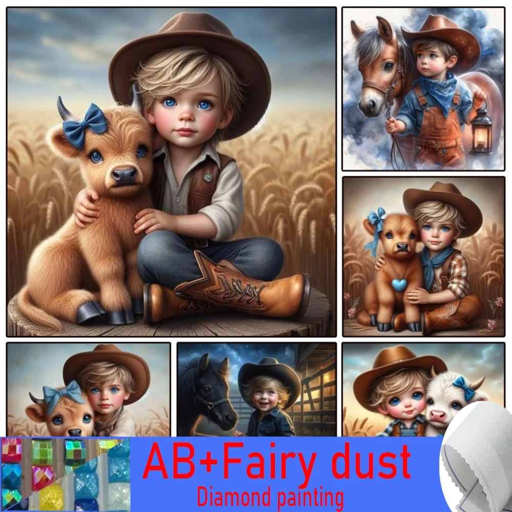 

Cute Little Boy And His Cow DIY Embroidery Character Farm Animals 120 Colors AB Fairy Dust Diamond Painting 5D Mosaic Home Decor