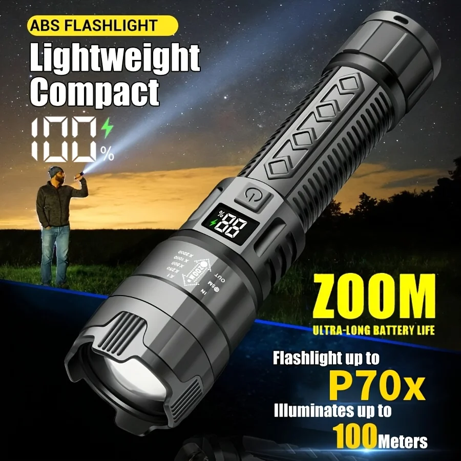 USB-C Rechargeable LED Flashlight – 100000LM Ultra Bright, Zoomable, 3 Modes, Compact for Camping & Emergencies