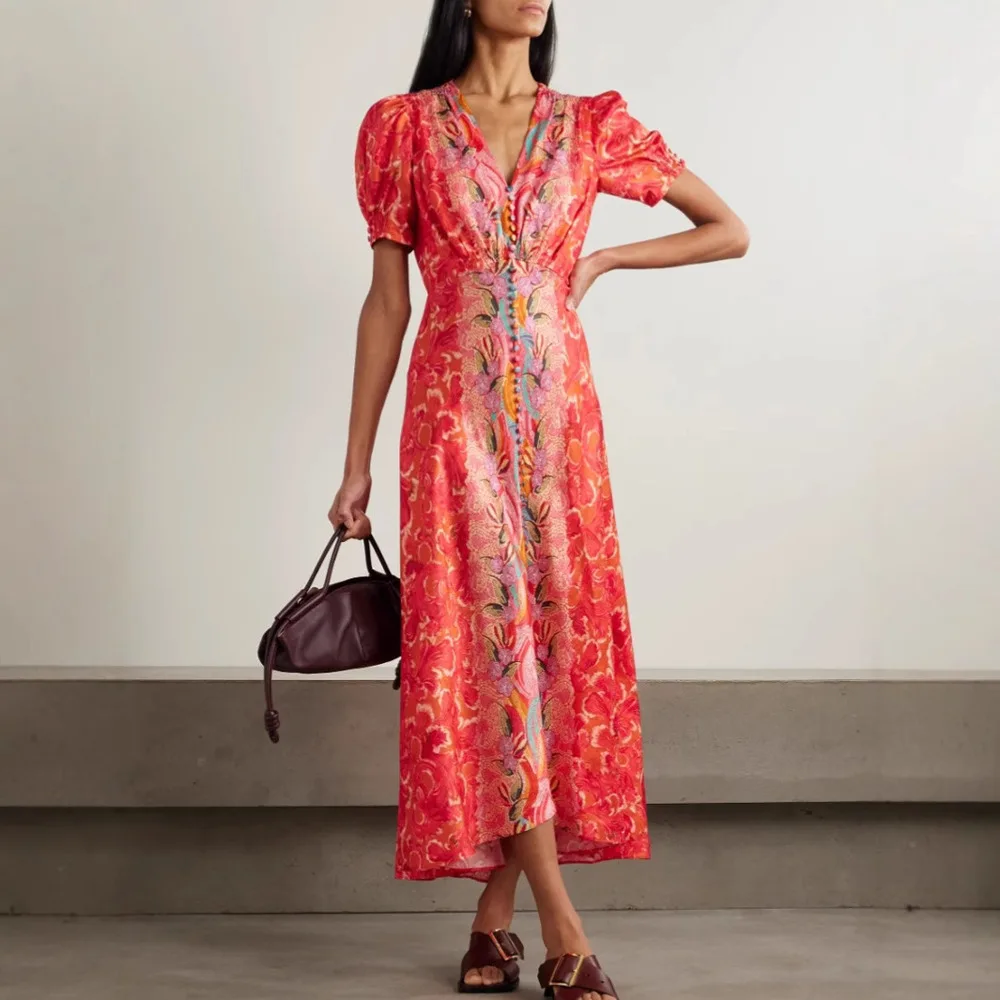 

Elegant V Neck Short Sleeve Blouse Dress French Vintage Floral Print Maxi Dress Summer Casual Flowy Long Dress Feminine Chic