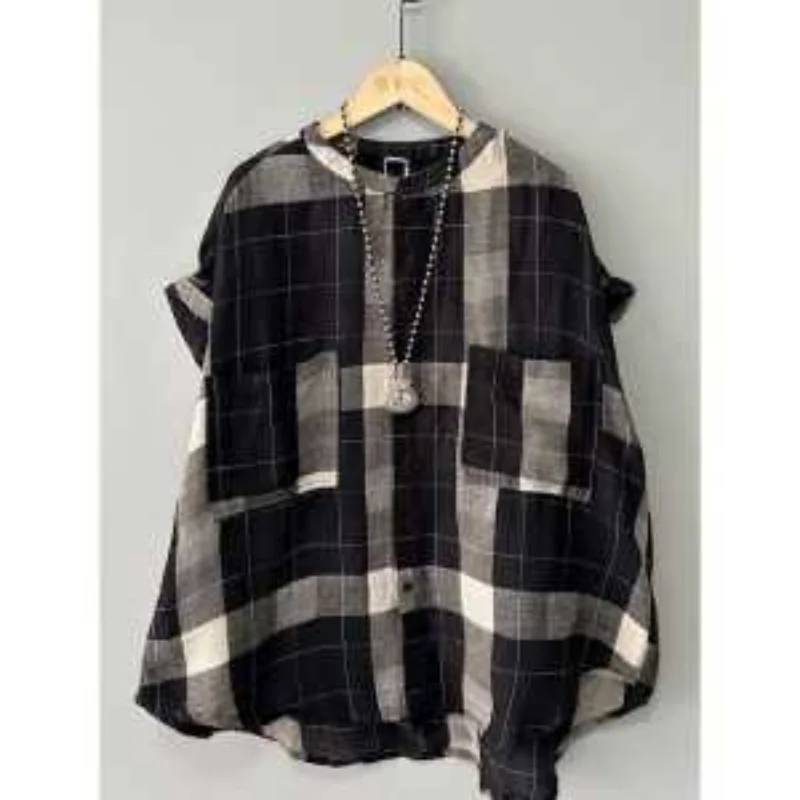 

Cotton Linen Contrast Plaid Shoulder-shoulder Buttoned Shirt Women Summer Loose Retro Simple Versatile Short-sleeved Top