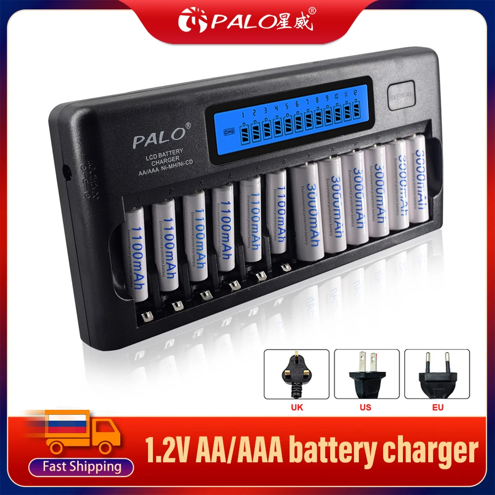 PALO-cargador de batería inteligente con pantalla LCD, dispositivo de carga rápida para pilas recargables de 1,2 V, AA, AAA, Ni-MH, NiCd, 2A, 3A, 12 ranuras