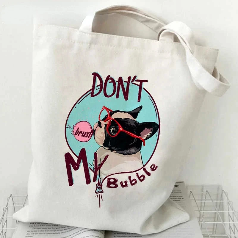 French Bulldog Shopping Shoulder Bag Fashionable and Cute Canvas Bag Student Ladies and Girls Friend Gift Storage Cartoon Bag