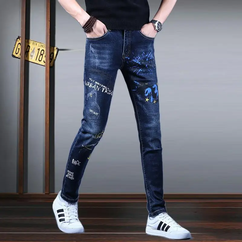 

High Quality Men's 3D Printed Denim Pants Scratches Decoration Fashion Casual Jeans Classic Regular Style Blue Stretch Trousers;