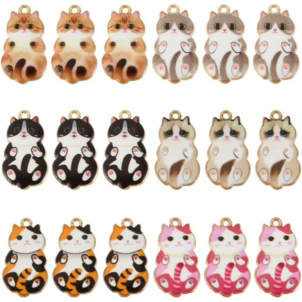 36 Pcs 6 Colors Enamel Cat Charms Alloy Cat Pendant Flat Back Animal Charms Assorted Enamel Pendent for Earrings Keychain