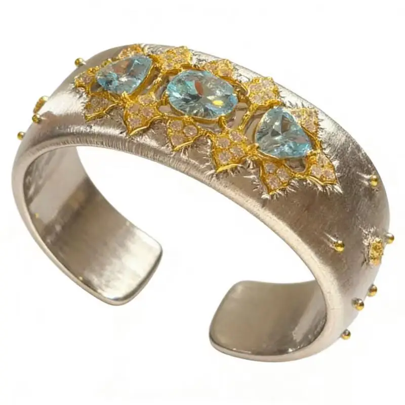 Bellux Unique 3-Stone Aquamarine CZ Gold Plated Brushed Vintage Bracelet Party 925 Silver Cuff Bangle Fine Jewelry for Party