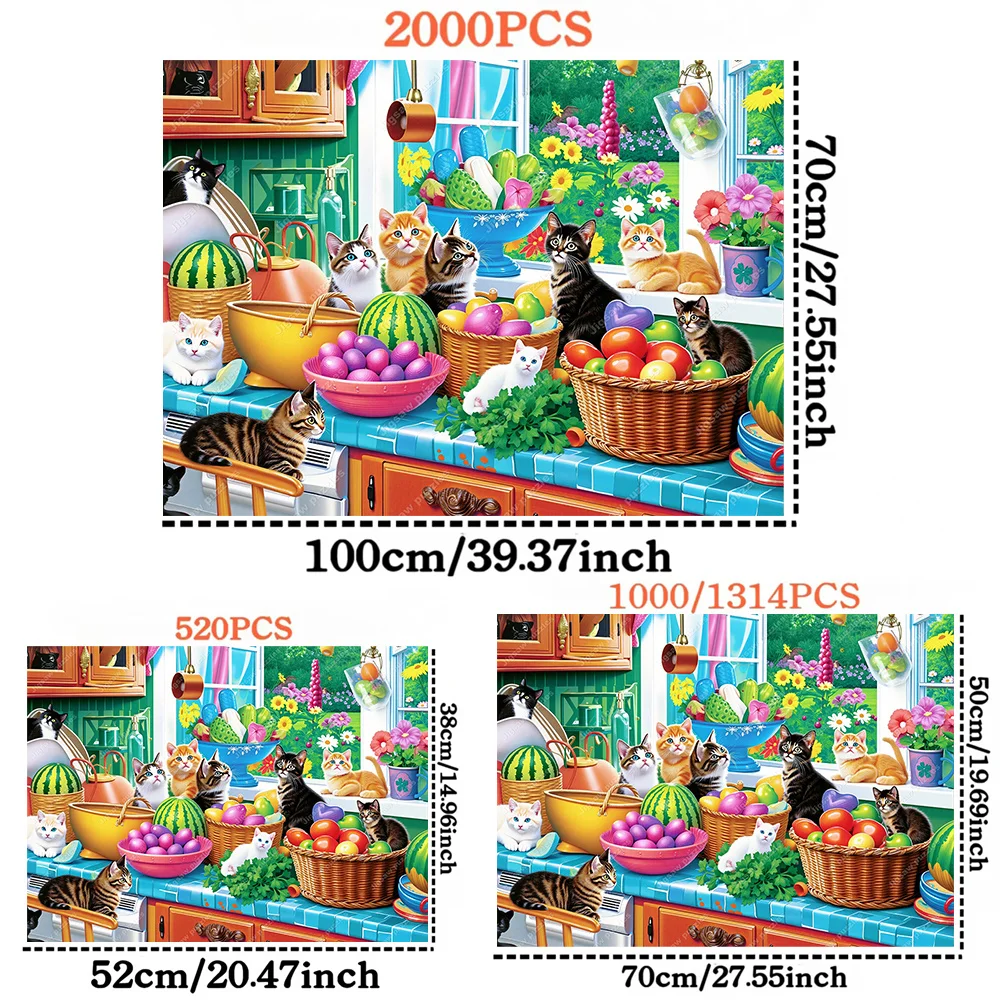 1000/2000/1314/520pcs Jigsaw Puzzle for Adults - Large Cat & Kitchen Scene with Tabby/Tortoiseshell Cats, Puzzle Pieces to Wal