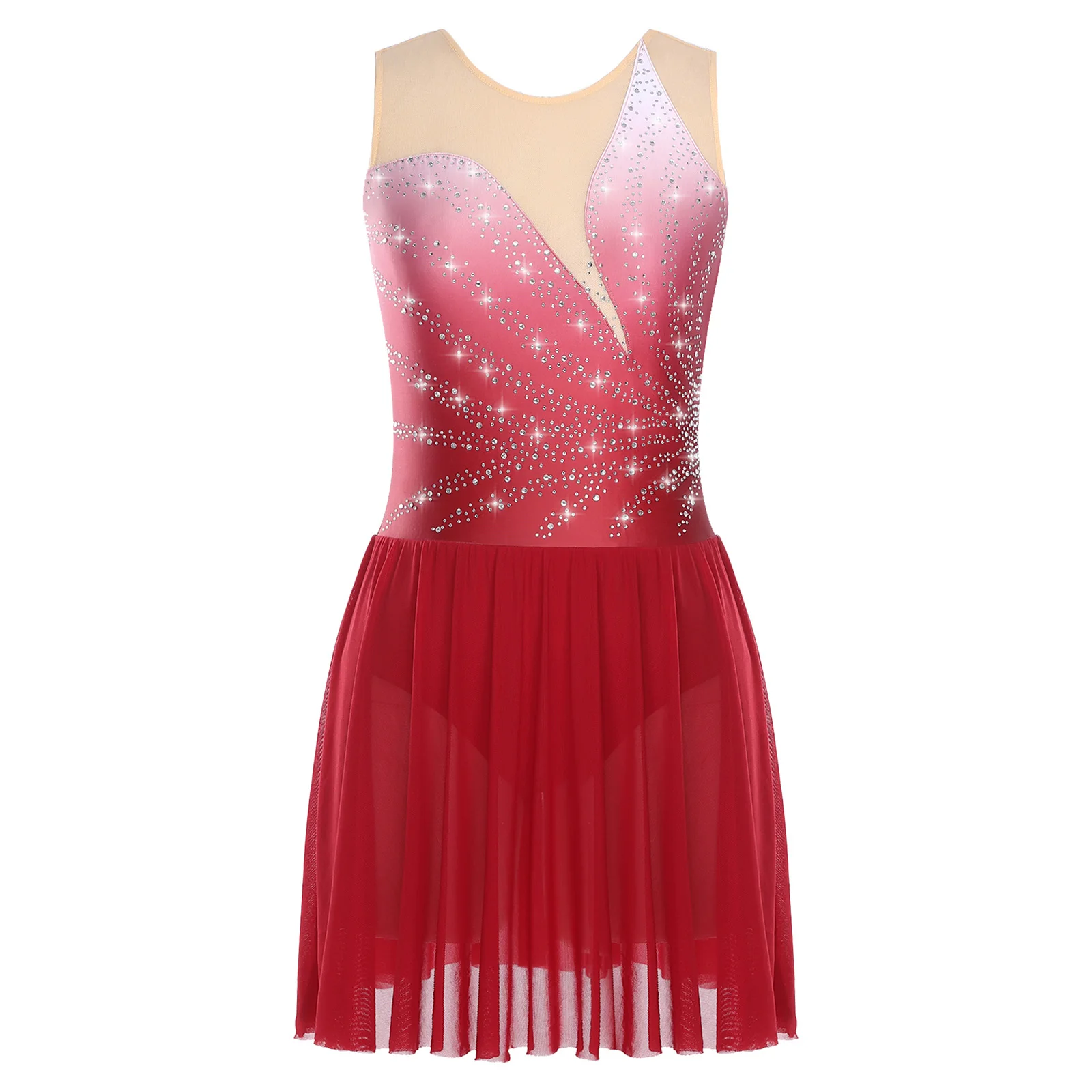 

Womens Lyrical Figure Skating Dress Rhinestone Mesh Leotard with Built In Briefs for Ballet Latin Dance Performance Dancewear
