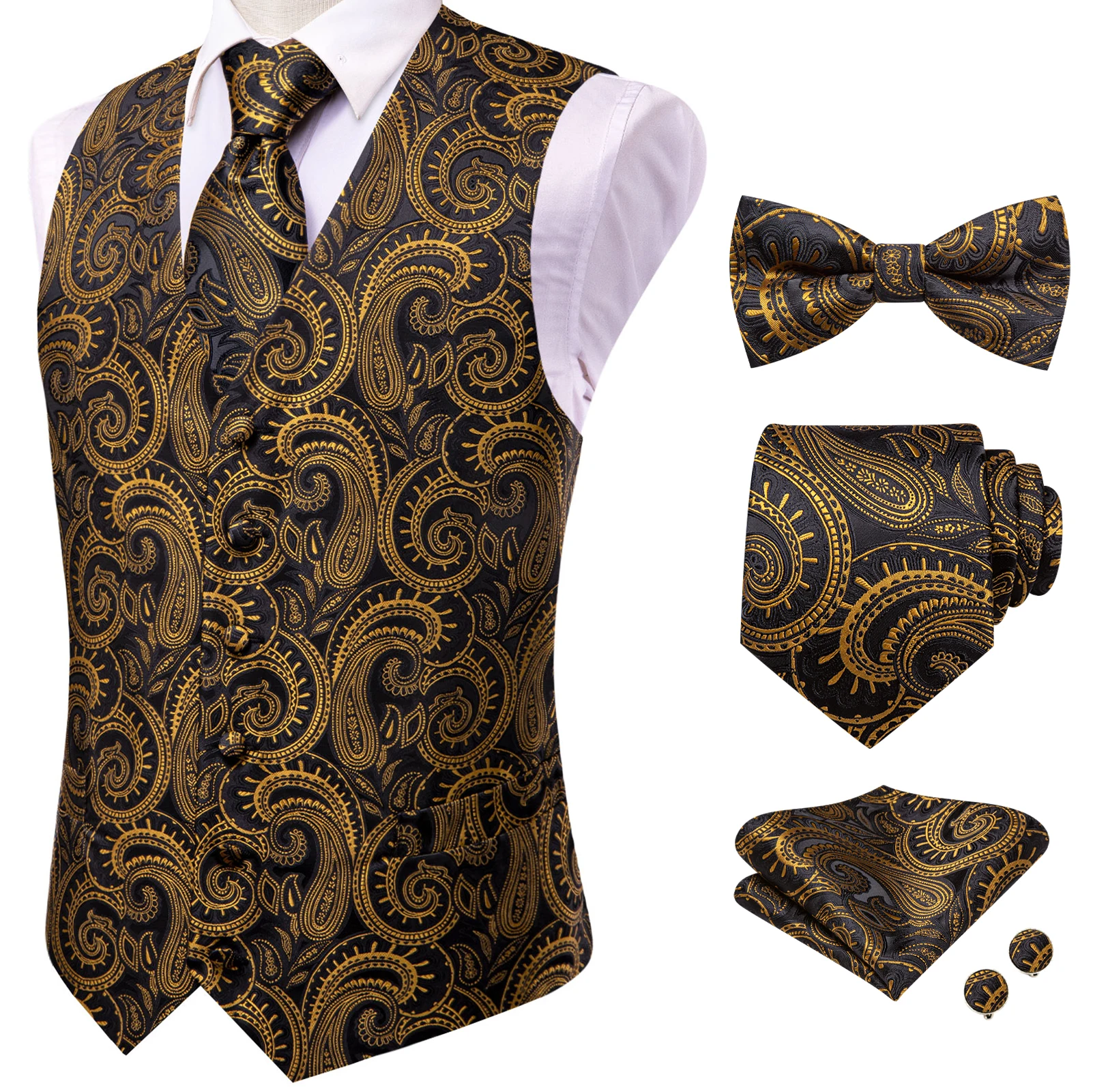VerveRow Men Blue Silver Paisley Waistcoat 5Pcs Set Vest+Necktie+Bow Tie+Pocket Square+Cufflinks, Black Gold/Blue/Purple/Bronze