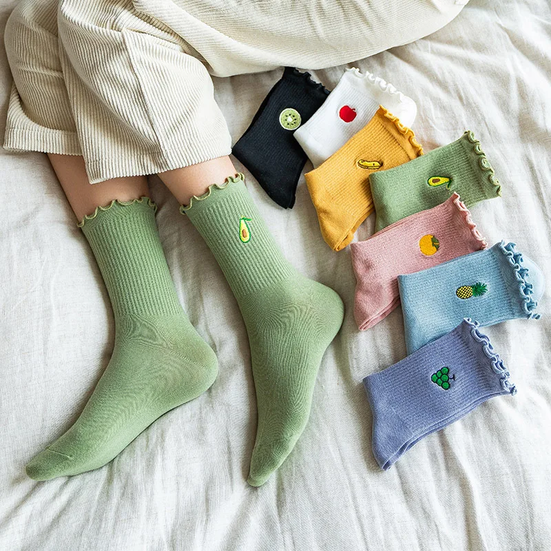 1Pairs Woman's Fashion Socks Crew Socks Women's Cartoon Fruit Socks Colorful Cotton Harajuku Socks Pink Green Brown Grey Socks