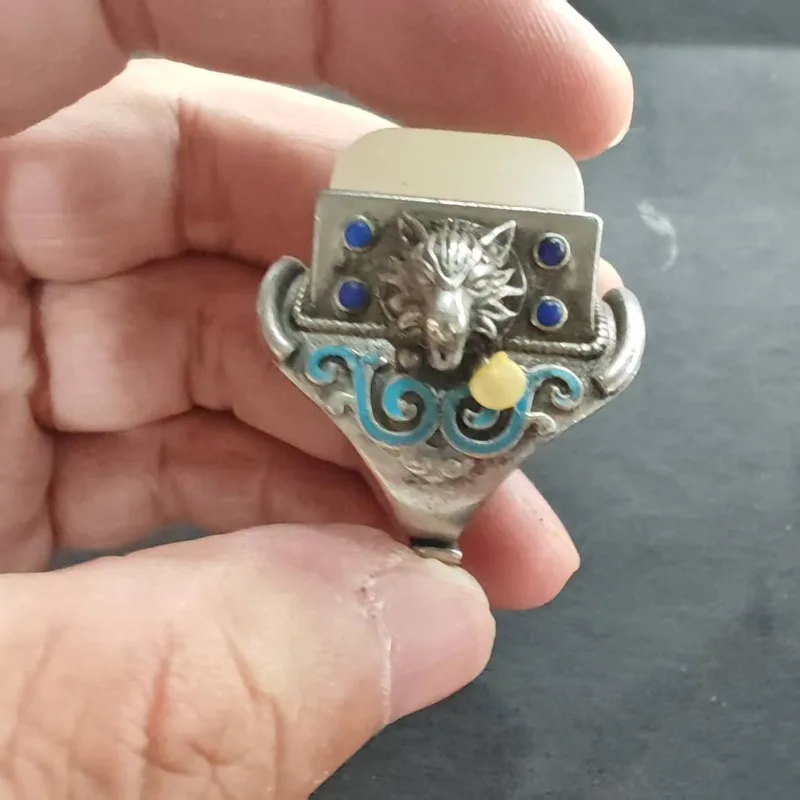 Vintage Silberfarbener Wolfskopfring, oval, Jade-Imitation mit blauer Emaille, Retro, chinesischer, offener, verstellbarer Unisex-Fingerschmuck – Detail 1