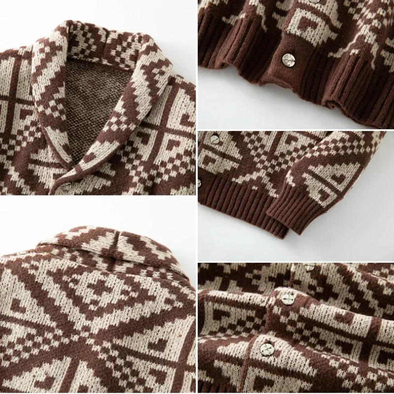 Nuovo Autunno Retro Maglione Lavorato A Maglia Cappotti per Gli Uomini Geometria Jacquard Button-down Risvolto Cardigan Maschile Casual Fit Maglieria Jakets