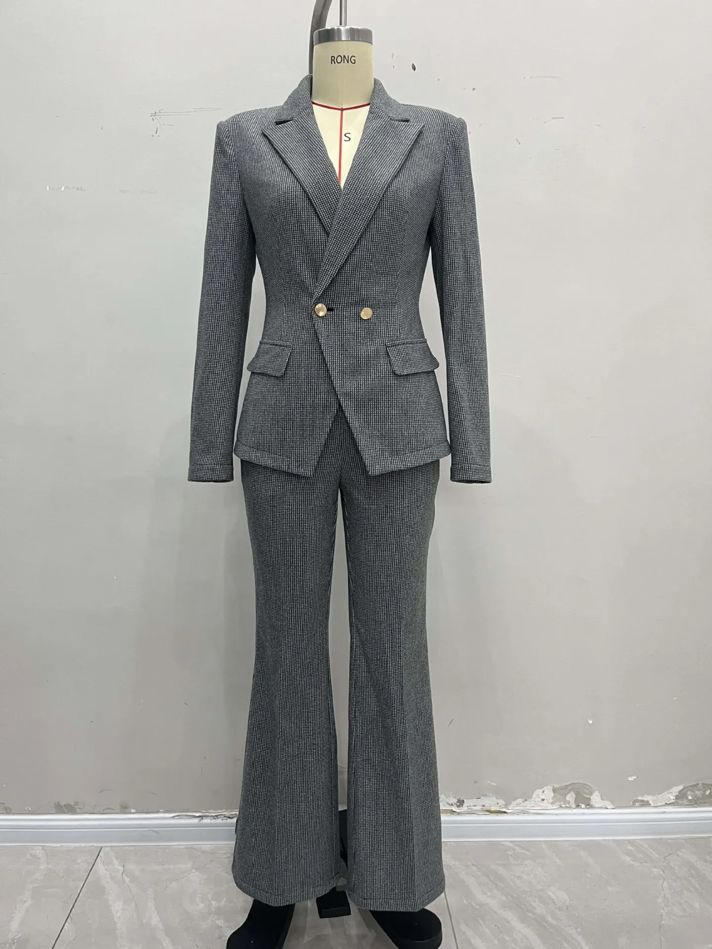 

Профессиональный костюм, элитный темперамент, модные осенне-зимние расклешенные брюки, комплект из двух предметов, женская одежда, серый сетчатый узор