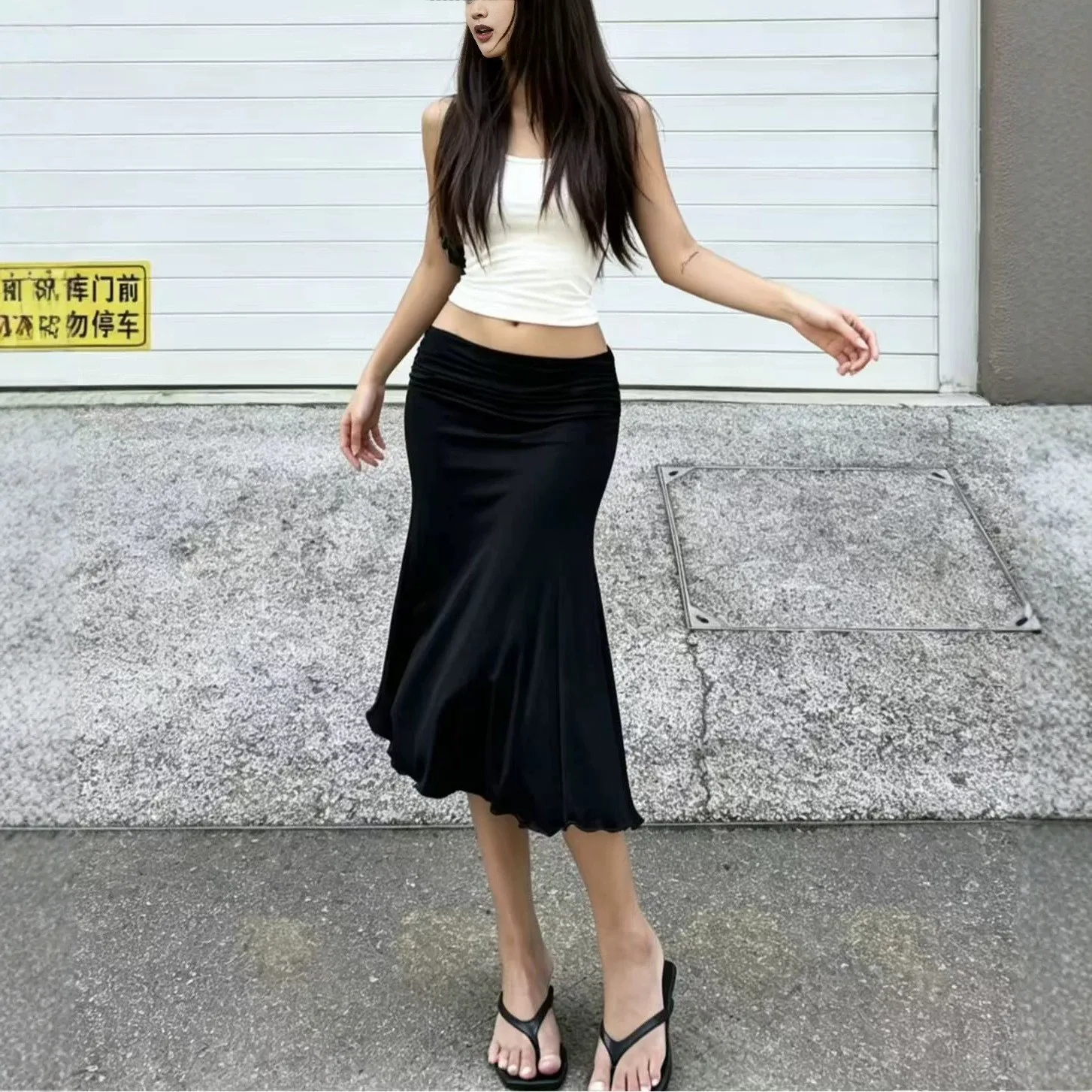 Women Long Skirt Midi Black Ruched Waist Skirts Solid Color Pencil Skirt Slim Fit Low Rise Satin Like Wrap Style Elegant