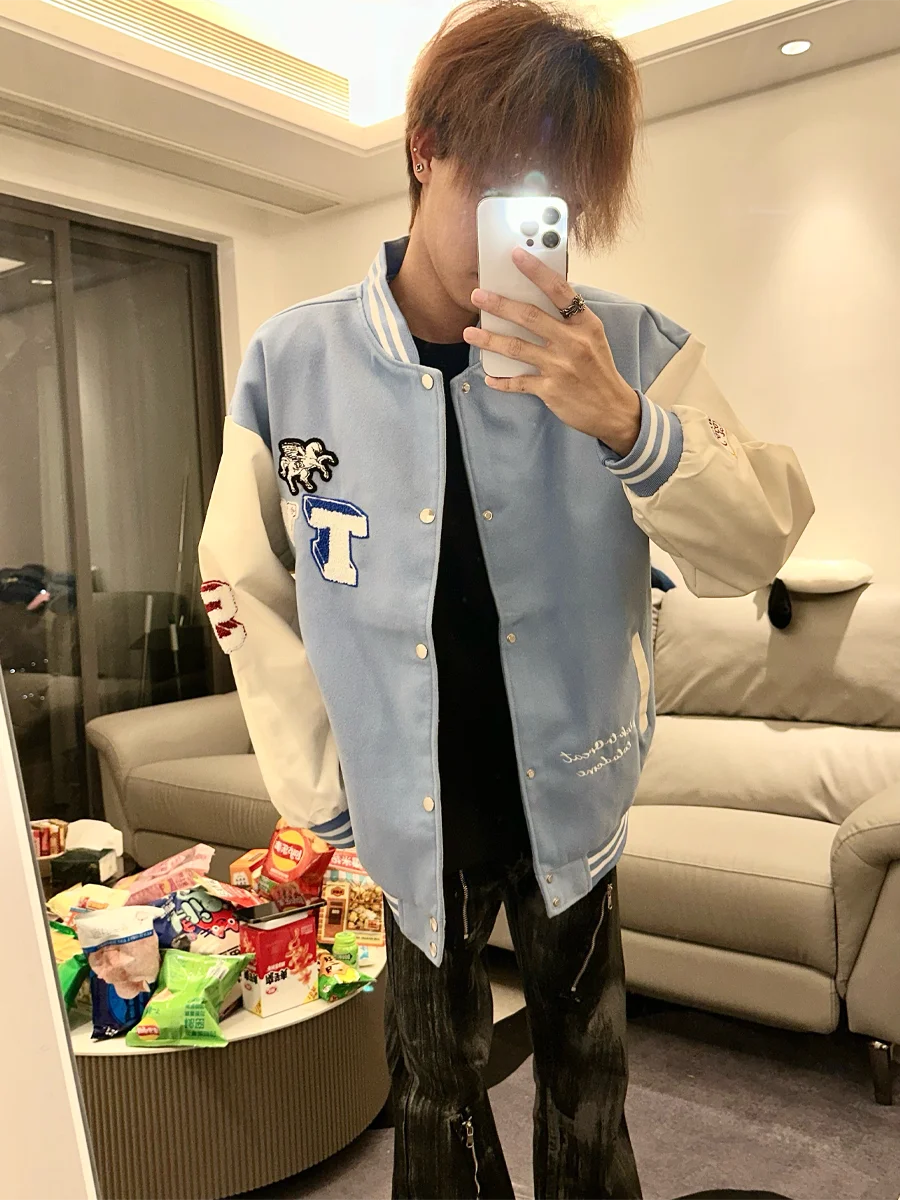 

Ретро-американская бейсбольная куртка с вышивкой, молодежная модная куртка с контрастными цветовыми вставками для мужчин и женщин