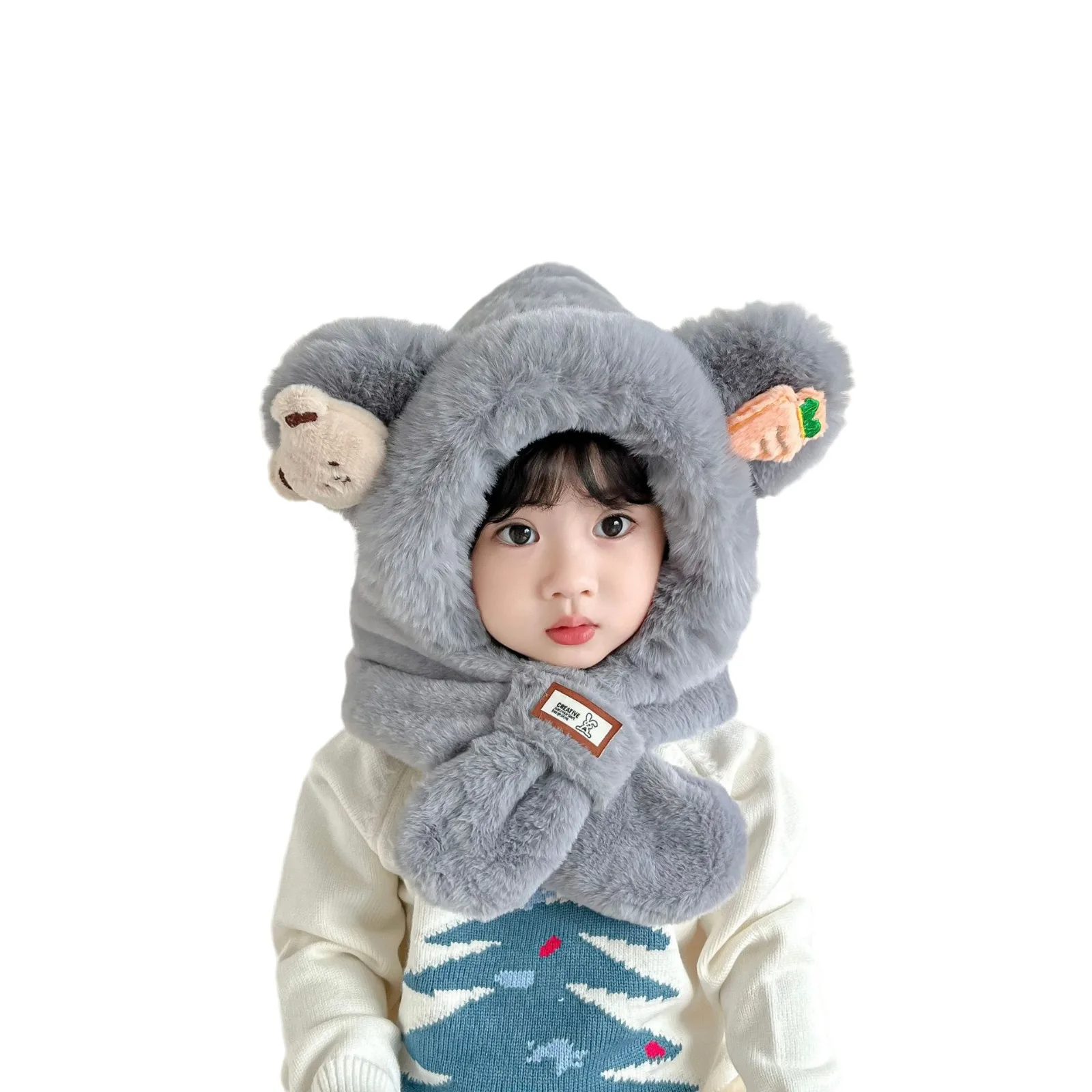 Winter All-in-one Hat Set for Boys and Girls, Cartoon Bear Doll Plush Scarf, Cute Warm and Comfortable Scarf