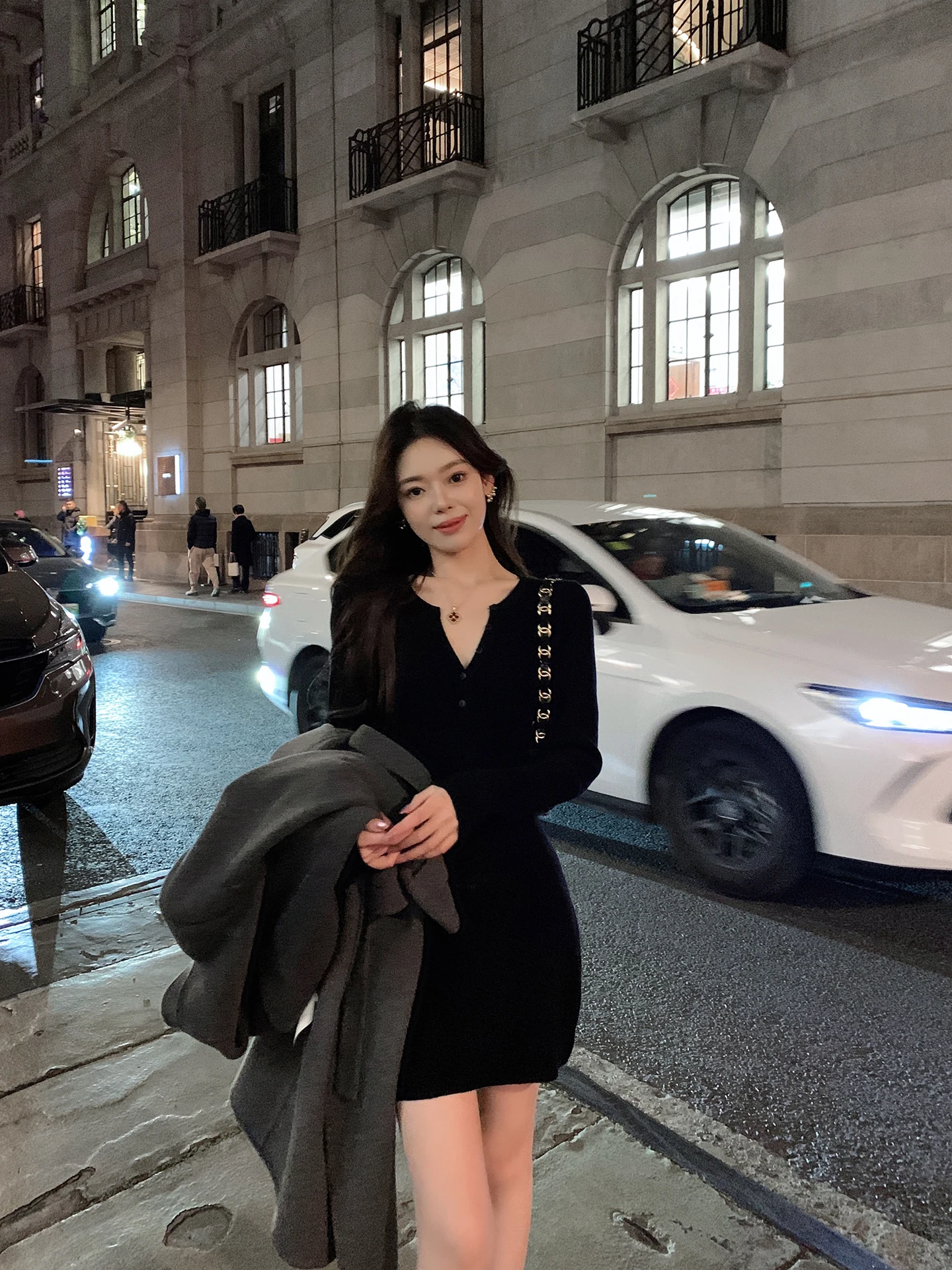 

ByYou Spring New V-ne Bla Woolen Knitted Dr Bodycon ort Waist-cinching Inner Wear Base Layer Sweater Dr