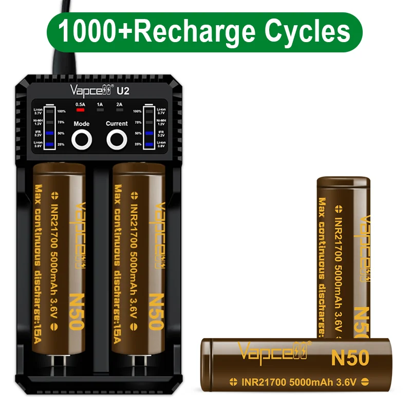 High Performance Original Vapcell N50 INR 21700 5000MAH 15A 3.6V Rechargerable Batteries Cells Long Cycle Life For Flashlight