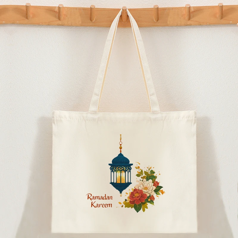 Muslim Ramadan Festival Canvas Tote Bag Vintage Lantern Flower Graphic Reusable Shopping Canvas Tote