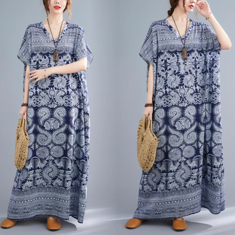 

Women's Summer Plus Size Blue Floral Gown Robe Retro V-neck Pullover Holiday Bohemian Kaftan Beach Embroidery Vintage Dress