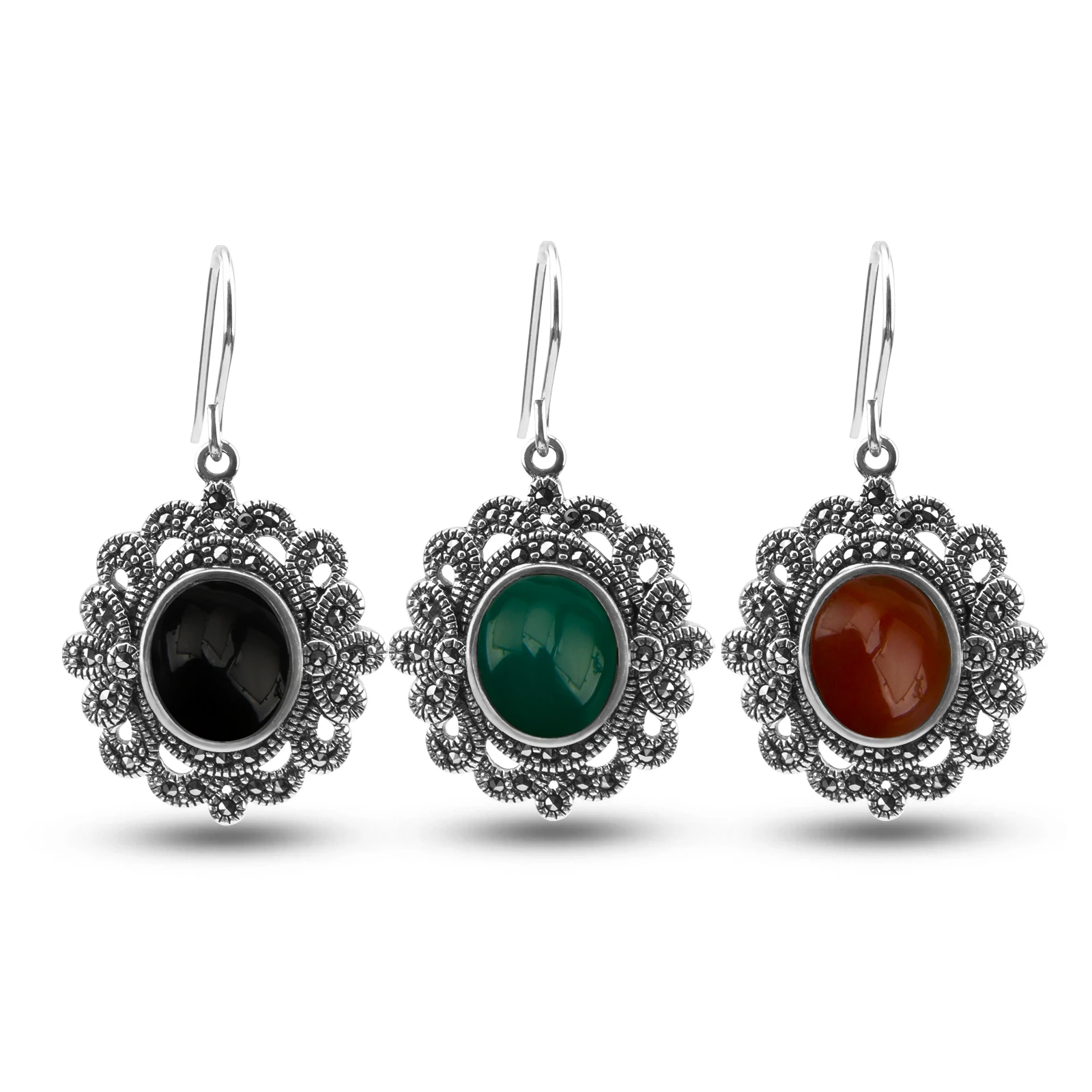 yysuniee-s925-silver-retro-set-with-maxite-double-petals-elliptical-red-black-green-synthetic-agate-earrings