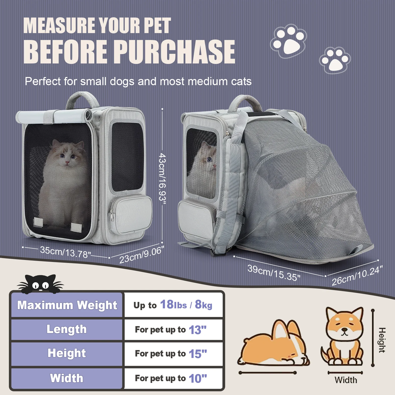 Portable Foldable Pet Backpack, Expandable Cat Backpack, Carrying Backpack for Cat Small Dog Puppies Large Capacity Up to 8kg