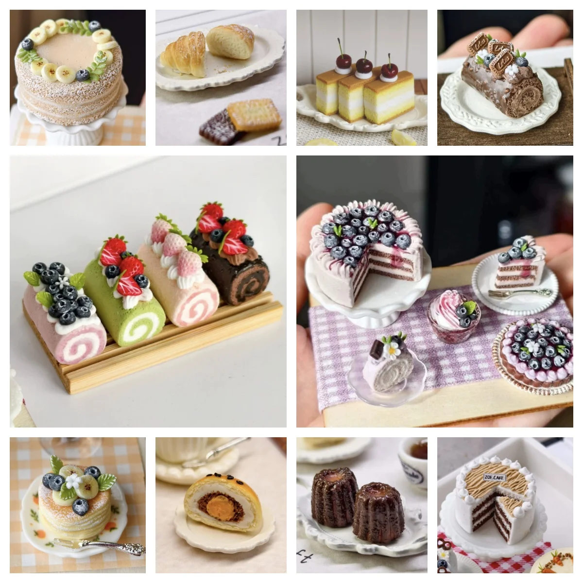 Handmade Clay Miniature Food for BJD Doll Photography & Dollhouse Diorama, Old‑Fashion Cake Croissant Parfait Cup Pancake Decor