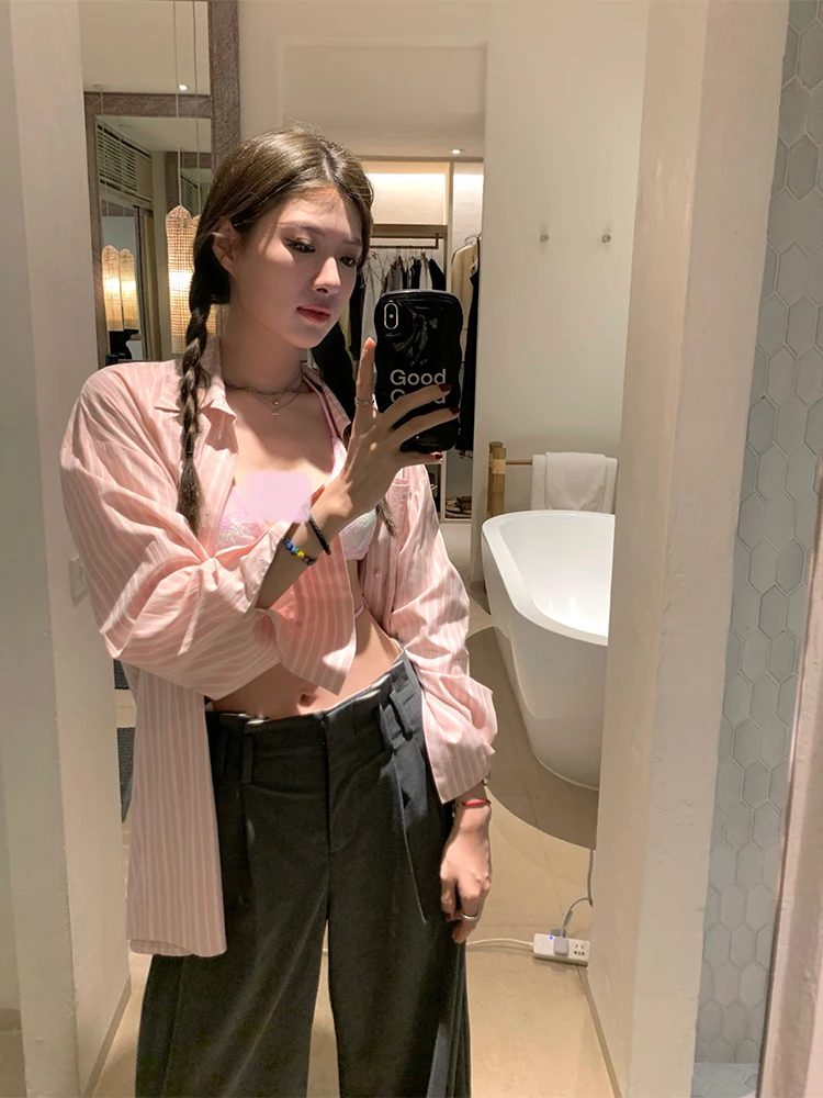 

Pink Striped Women's Shirt Spring Summer New Style Outerwear Sun Protection Open Cardigan Top Coat Autumn Winter