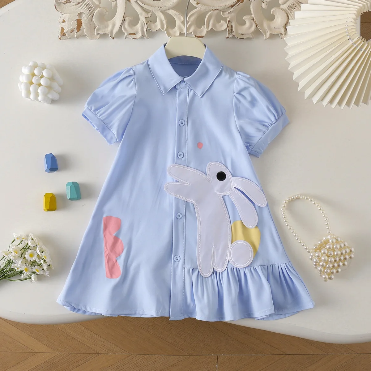 Mädchen Freizeitkleider Niedliches Cartoon-Kleid Hasen-Kurzarm-Hemdkleid Kinderkleidung für Mädchen von 3 bis 7 Jahren Prinzessinnenkleid